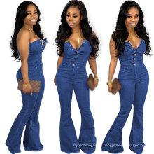 Best Selling Fashion Slim Button Jumpsuit Women off Shoulder Denim Jeans Romper Woman Style Jumpsuits Rompers